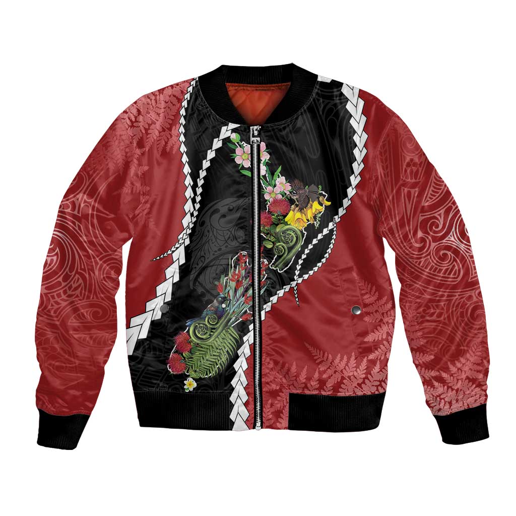 New Zealand Christmas Bomber Jacket Flora Map with Birds - Aussie Hoodie