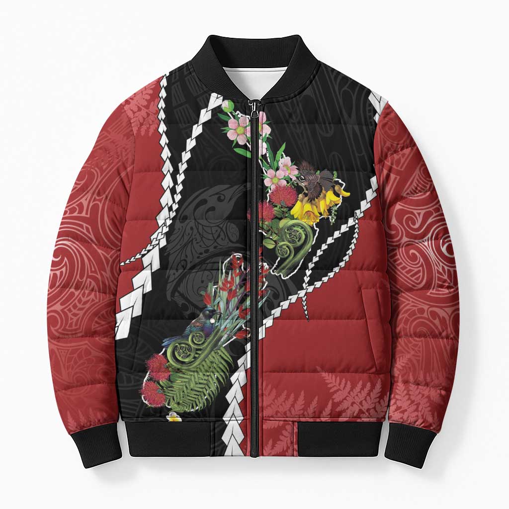 New Zealand Christmas Bomber Puffer Jacket Flora Map with Birds - Aussie Hoodie
