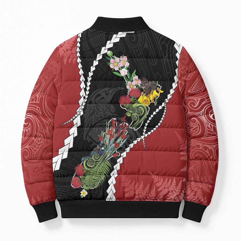New Zealand Christmas Bomber Puffer Jacket Flora Map with Birds - Aussie Hoodie