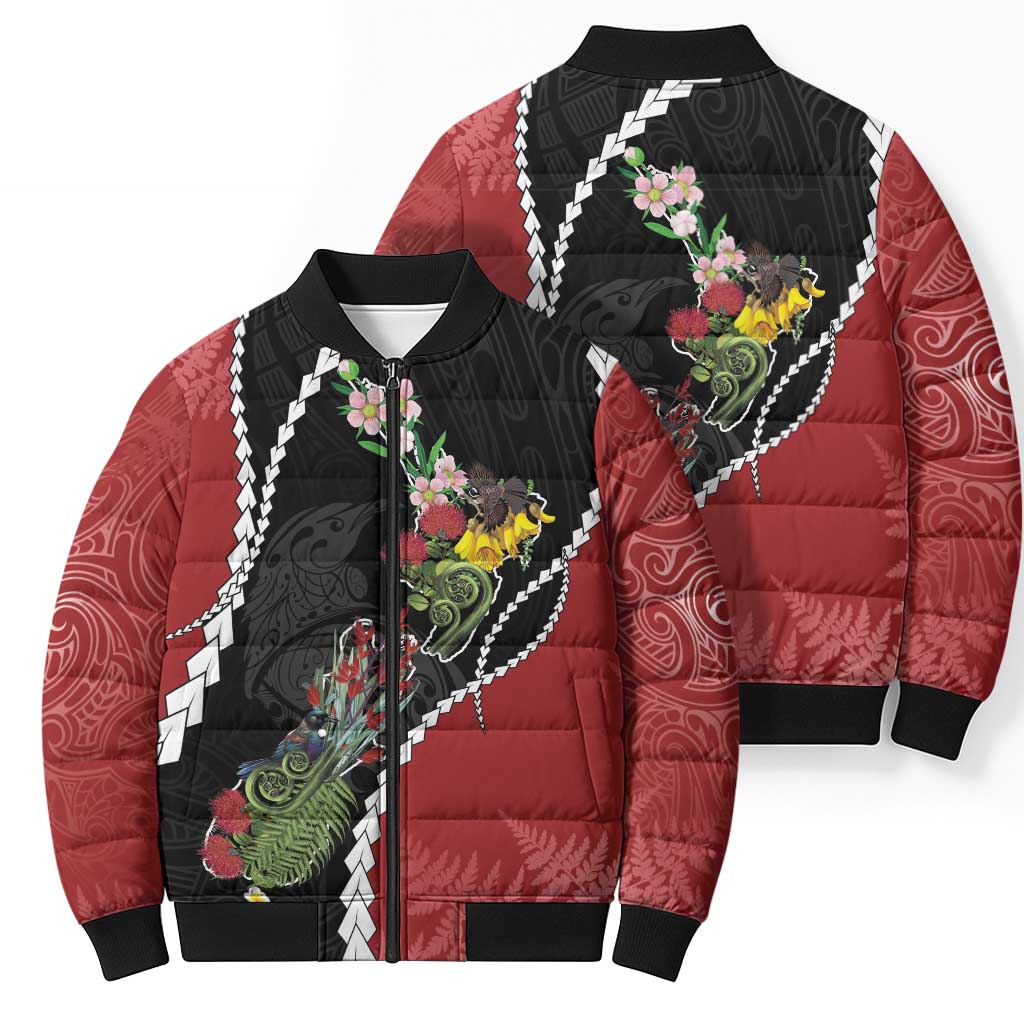 New Zealand Christmas Bomber Puffer Jacket Flora Map with Birds - Aussie Hoodie