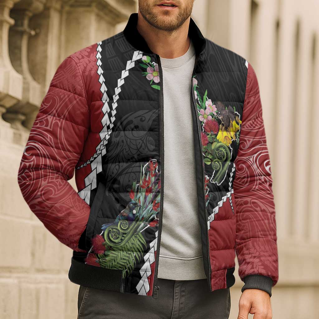 New Zealand Christmas Bomber Puffer Jacket Flora Map with Birds - Aussie Hoodie
