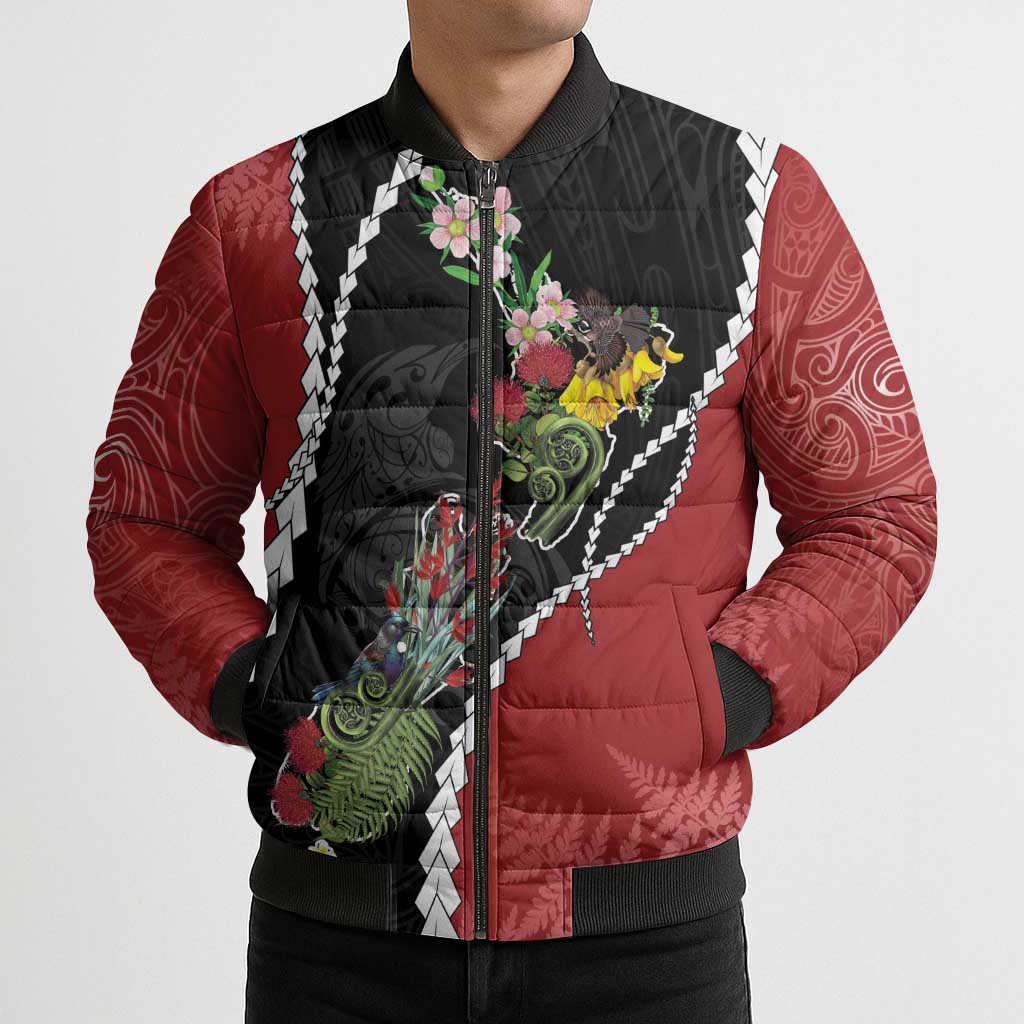 New Zealand Christmas Bomber Puffer Jacket Flora Map with Birds - Aussie Hoodie