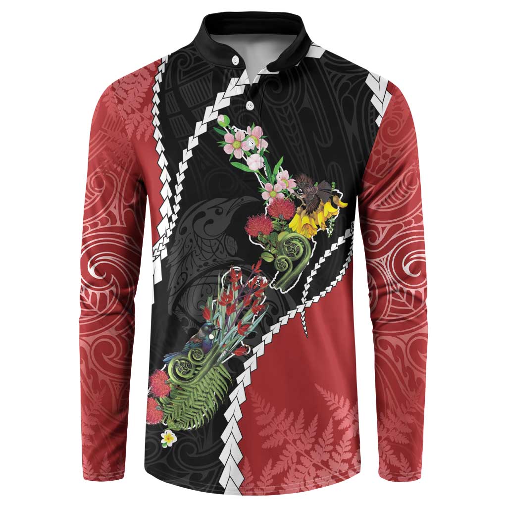New Zealand Christmas Button Sweatshirt Flora Map with Birds - Aussie Hoodie