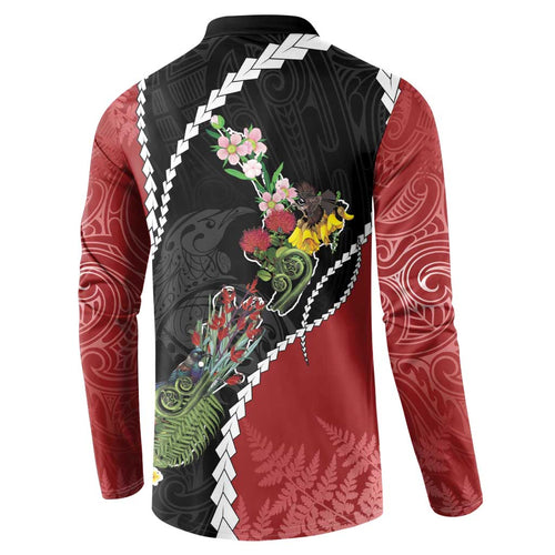 New Zealand Christmas Button Sweatshirt Flora Map with Birds - Aussie Hoodie