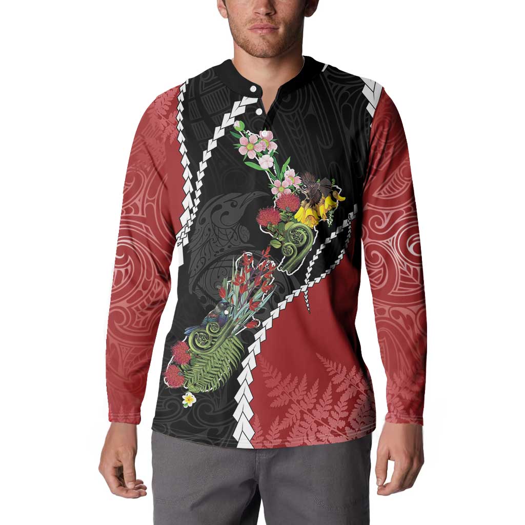 New Zealand Christmas Button Sweatshirt Flora Map with Birds - Aussie Hoodie