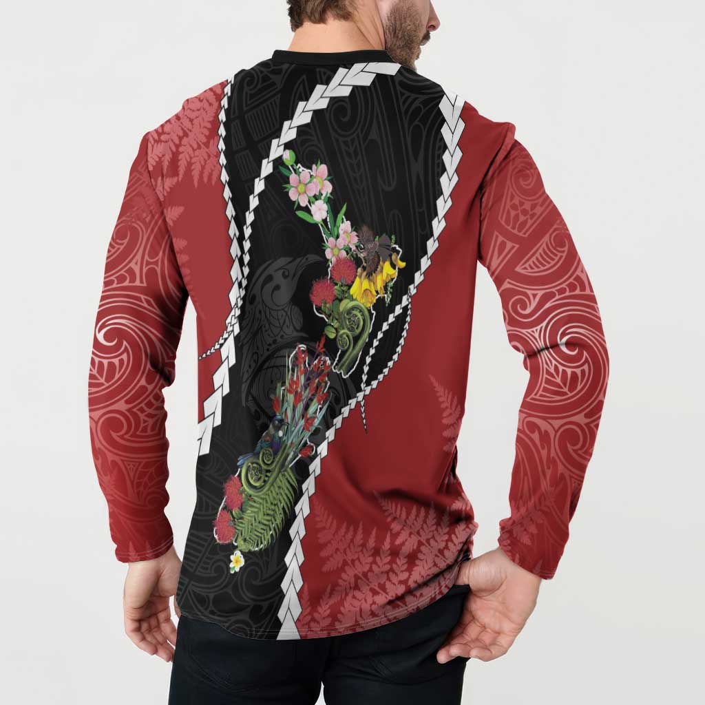 New Zealand Christmas Button Sweatshirt Flora Map with Birds - Aussie Hoodie
