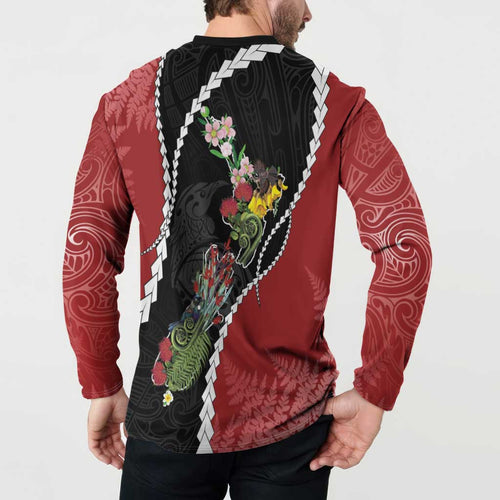 New Zealand Christmas Button Sweatshirt Flora Map with Birds - Aussie Hoodie