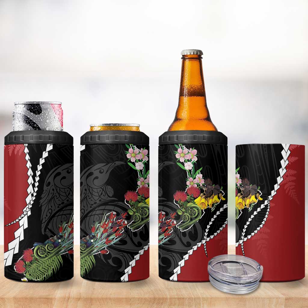 New Zealand Christmas 4 in 1 Can Cooler Tumbler Flora Map with Birds - Aussie Hoodie