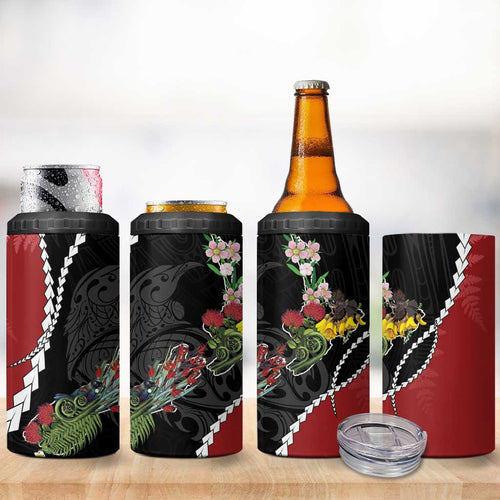 New Zealand Christmas 4 in 1 Can Cooler Tumbler Flora Map with Birds - Aussie Hoodie