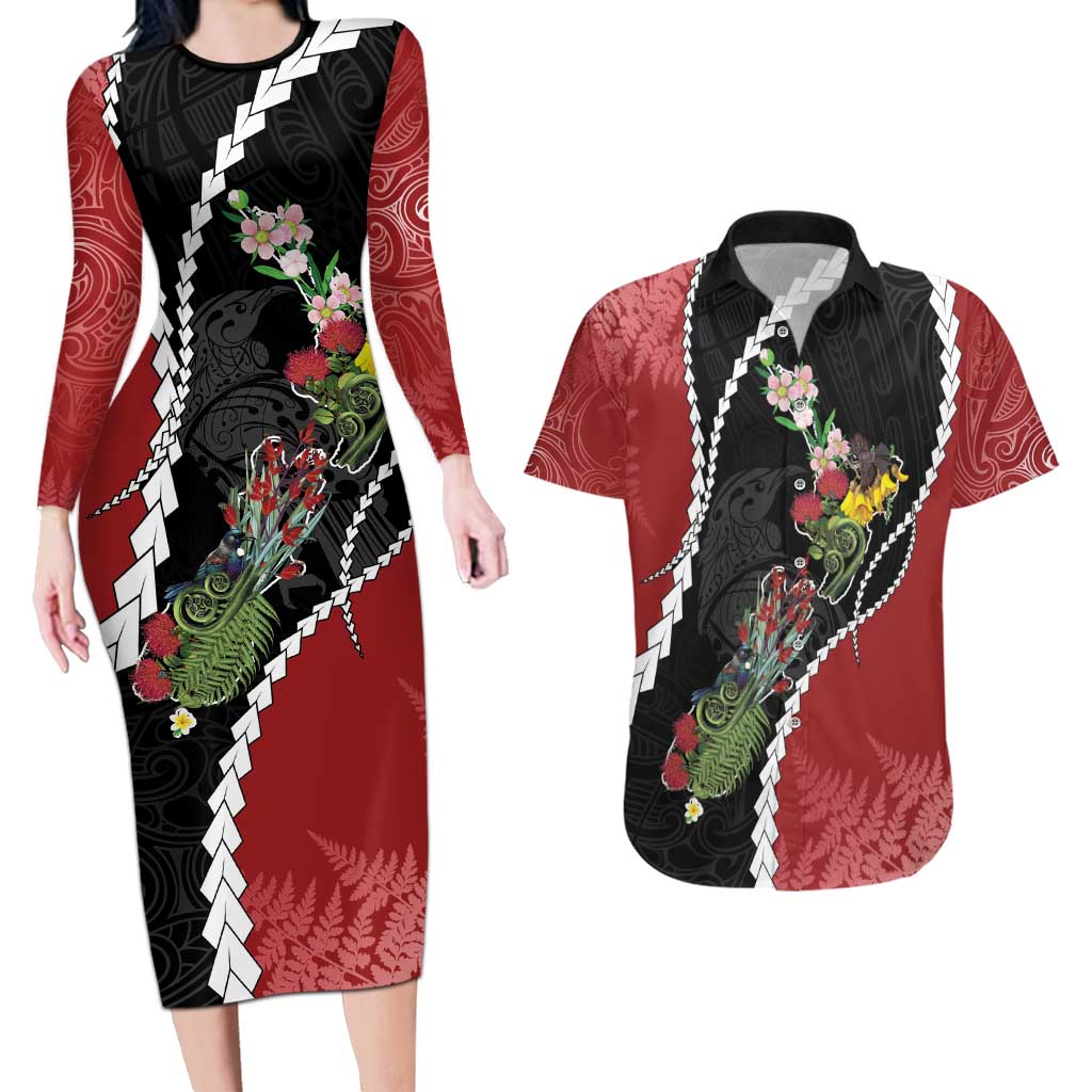 New Zealand Christmas Couples Matching Long Sleeve Bodycon Dress and Hawaiian Shirt Flora Map with Birds - Aussie Hoodie