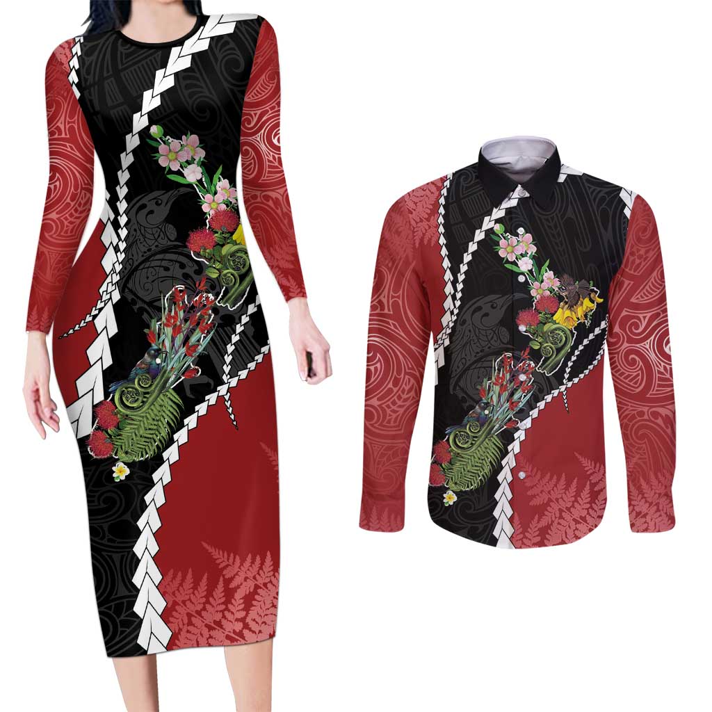 New Zealand Christmas Couples Matching Long Sleeve Bodycon Dress and Long Sleeve Button Shirt Flora Map with Birds - Aussie Hoodie