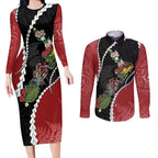 New Zealand Christmas Couples Matching Long Sleeve Bodycon Dress and Long Sleeve Button Shirt Flora Map with Birds - Aussie Hoodie