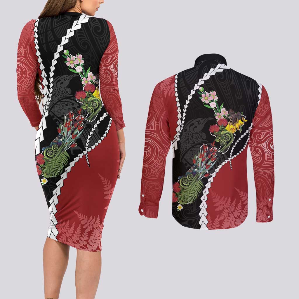 New Zealand Christmas Couples Matching Long Sleeve Bodycon Dress and Long Sleeve Button Shirt Flora Map with Birds - Aussie Hoodie