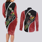New Zealand Christmas Couples Matching Long Sleeve Bodycon Dress and Long Sleeve Button Shirt Flora Map with Birds - Aussie Hoodie