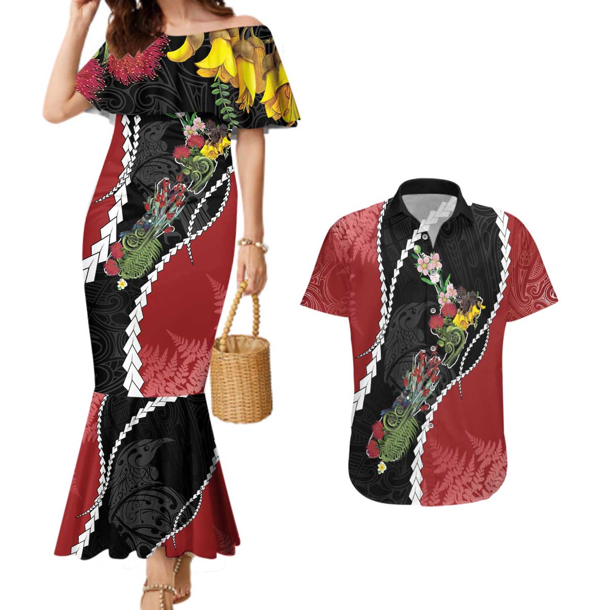New Zealand Christmas Couples Matching Mermaid Dress and Hawaiian Shirt Flora Map with Birds - Aussie Hoodie