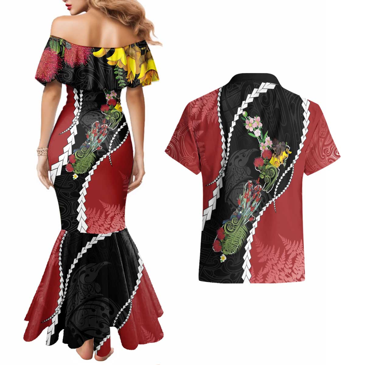 New Zealand Christmas Couples Matching Mermaid Dress and Hawaiian Shirt Flora Map with Birds - Aussie Hoodie