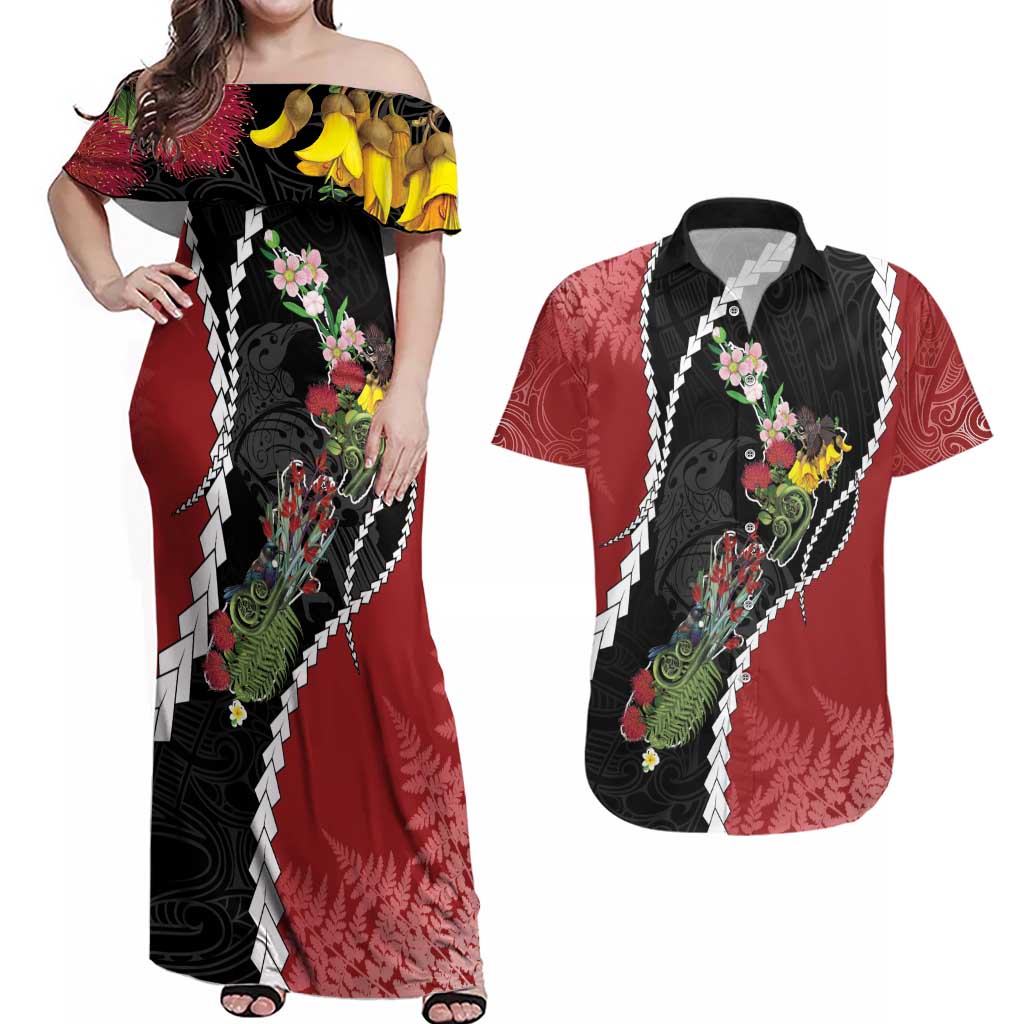 New Zealand Christmas Couples Matching Off Shoulder Maxi Dress and Hawaiian Shirt Flora Map with Birds - Aussie Hoodie