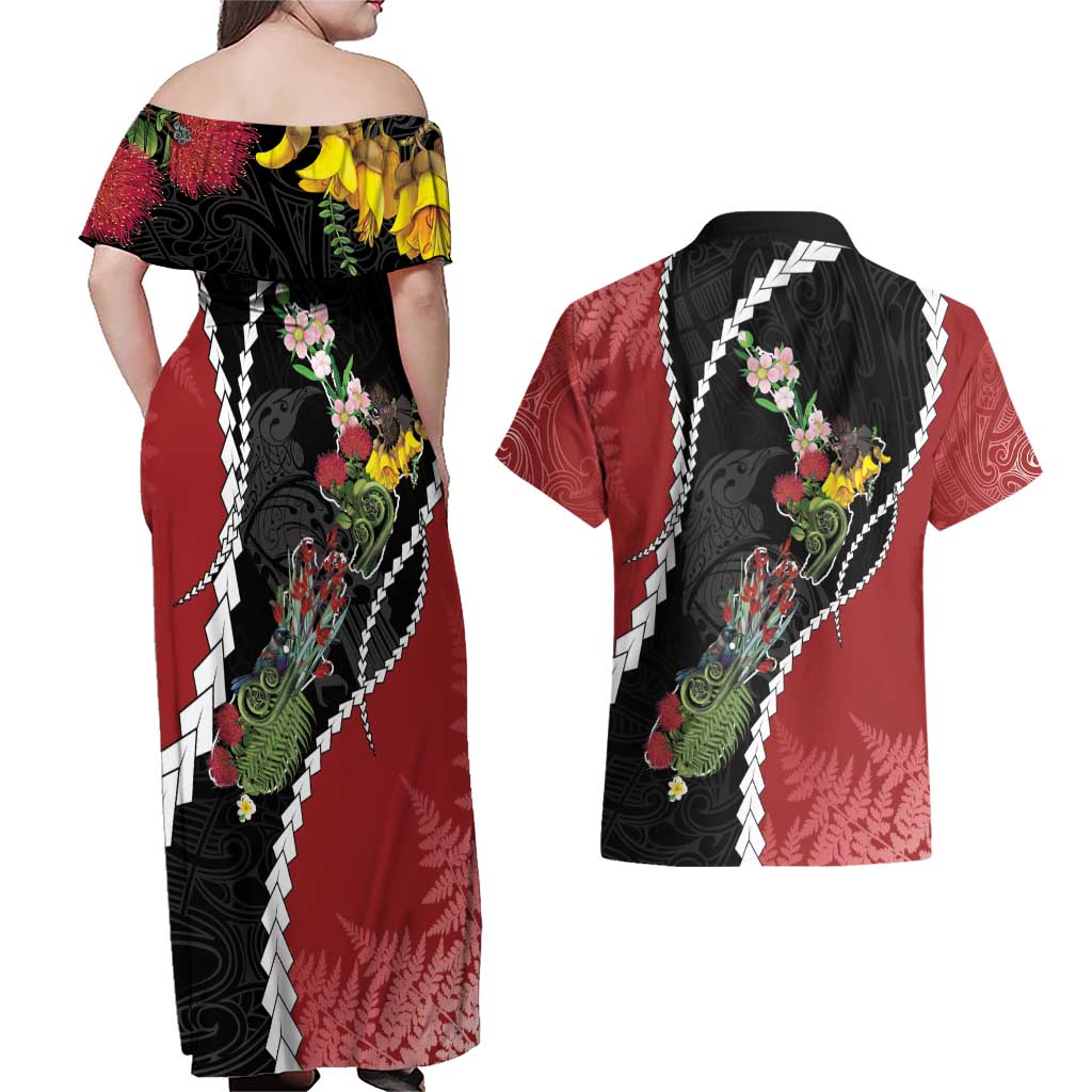 New Zealand Christmas Couples Matching Off Shoulder Maxi Dress and Hawaiian Shirt Flora Map with Birds - Aussie Hoodie