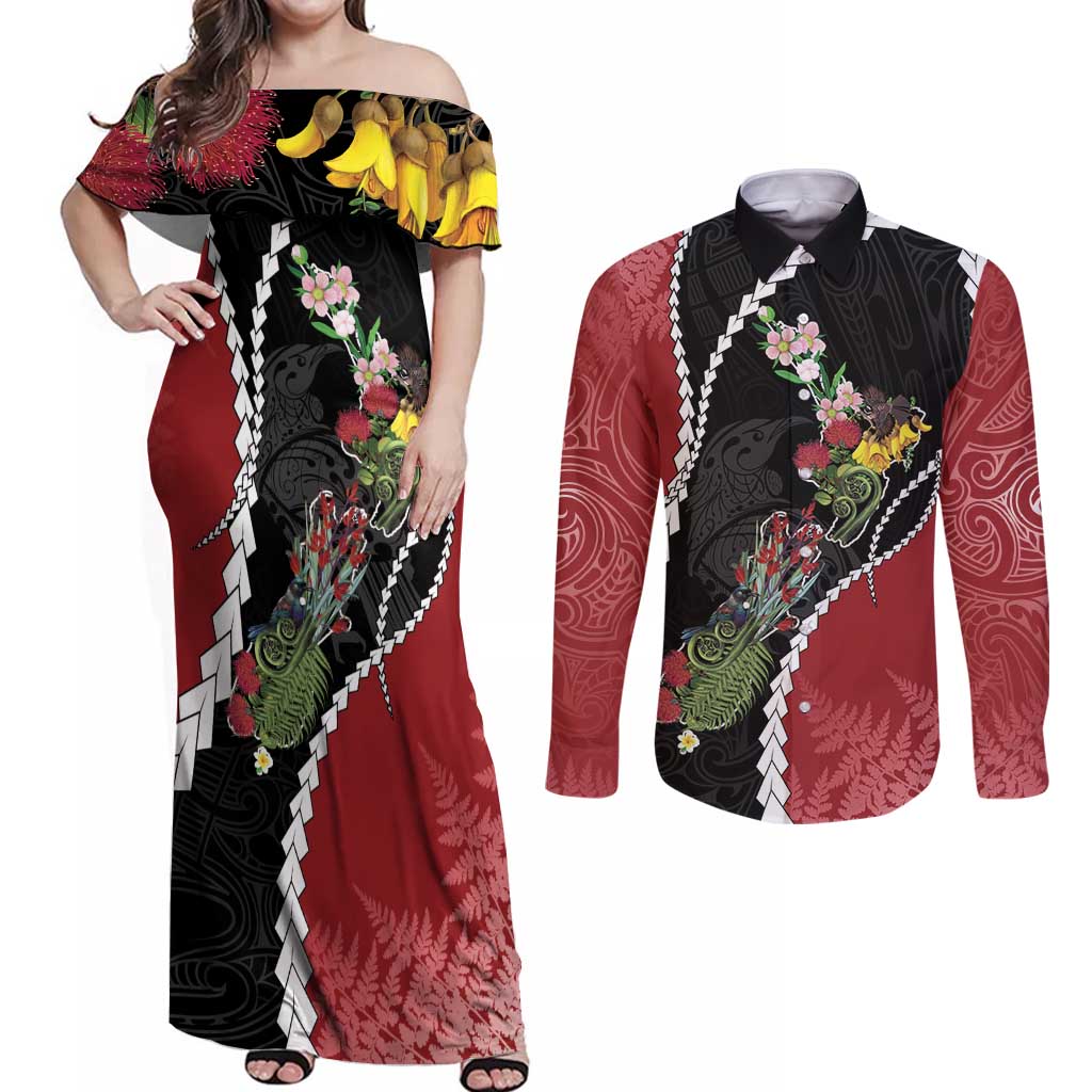 New Zealand Christmas Couples Matching Off Shoulder Maxi Dress and Long Sleeve Button Shirt Flora Map with Birds - Aussie Hoodie