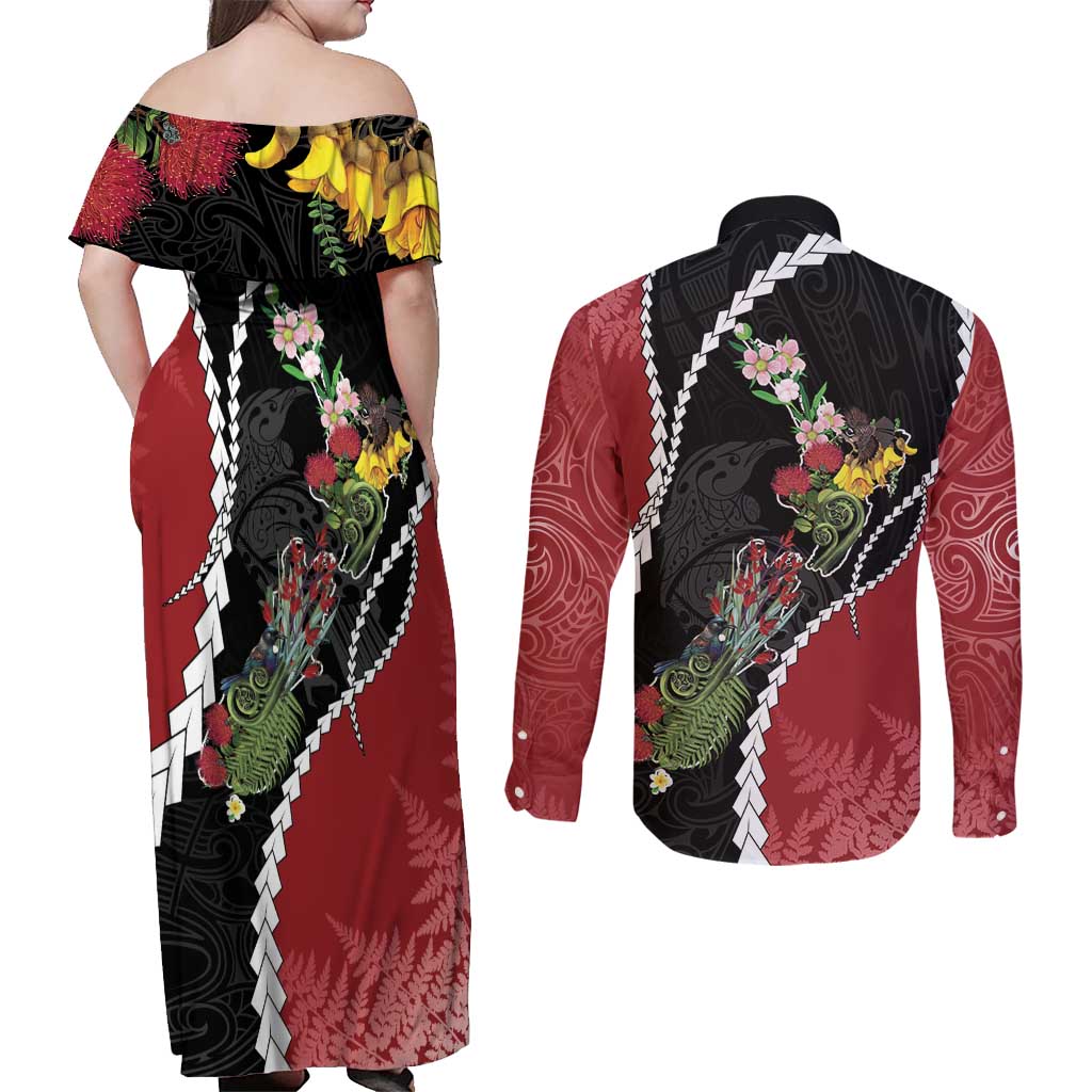 New Zealand Christmas Couples Matching Off Shoulder Maxi Dress and Long Sleeve Button Shirt Flora Map with Birds - Aussie Hoodie