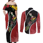 New Zealand Christmas Couples Matching Off Shoulder Maxi Dress and Long Sleeve Button Shirt Flora Map with Birds - Aussie Hoodie