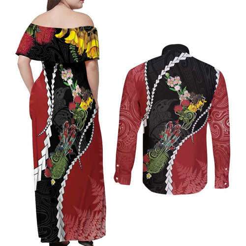 New Zealand Christmas Couples Matching Off Shoulder Maxi Dress and Long Sleeve Button Shirt Flora Map with Birds - Aussie Hoodie