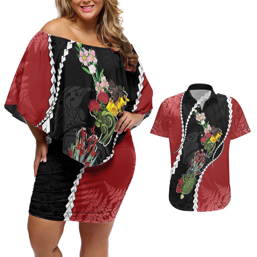 New Zealand Christmas Couples Matching Off Shoulder Short Dress and Hawaiian Shirt Flora Map with Birds - Aussie Hoodie