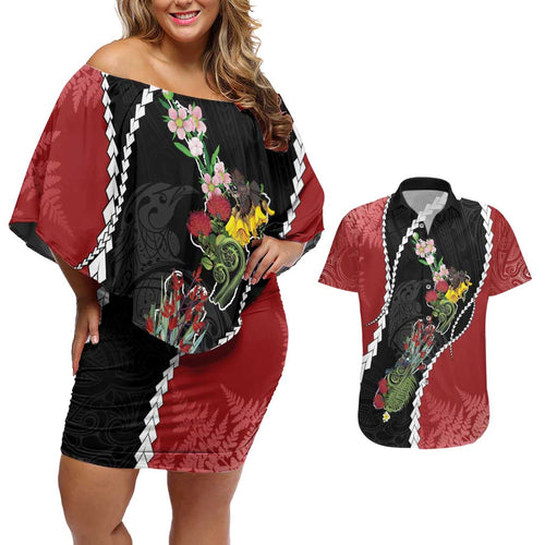 New Zealand Christmas Couples Matching Off Shoulder Short Dress and Hawaiian Shirt Flora Map with Birds - Aussie Hoodie