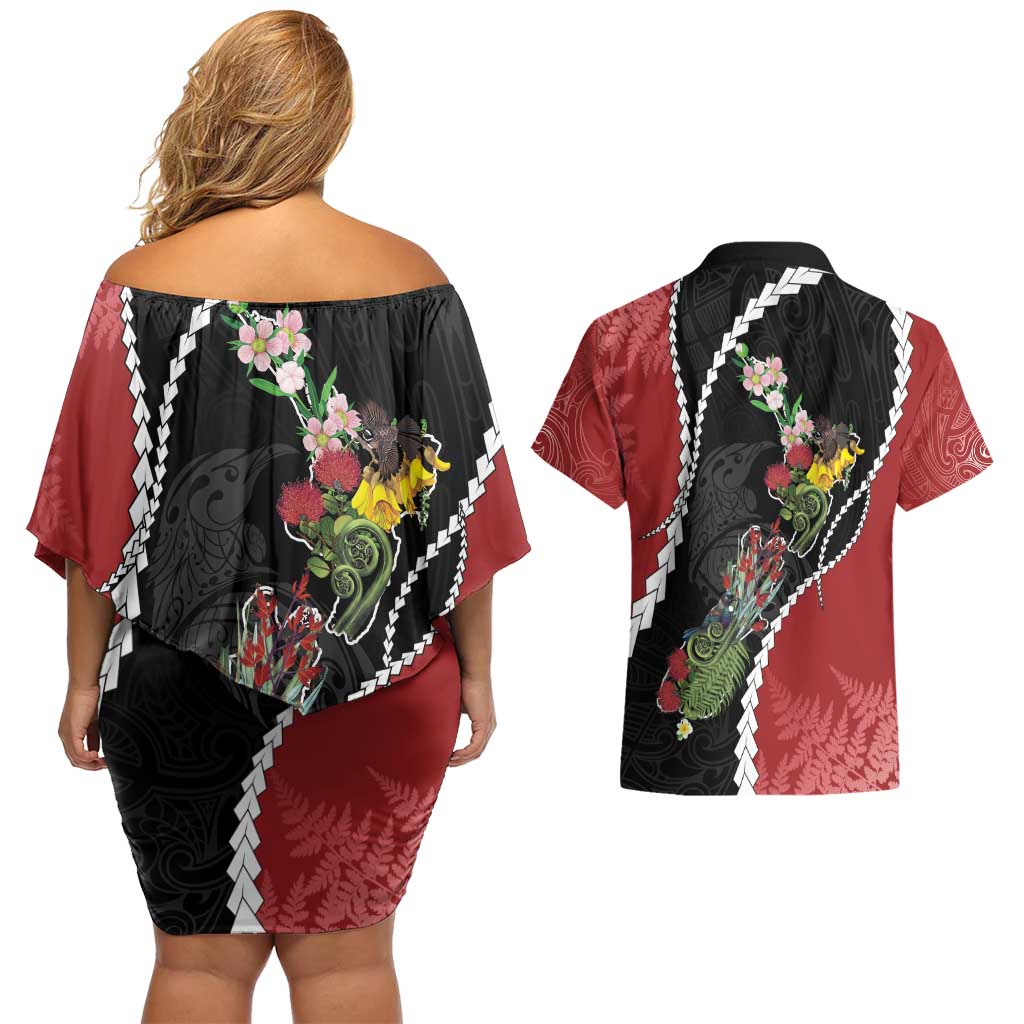 New Zealand Christmas Couples Matching Off Shoulder Short Dress and Hawaiian Shirt Flora Map with Birds - Aussie Hoodie