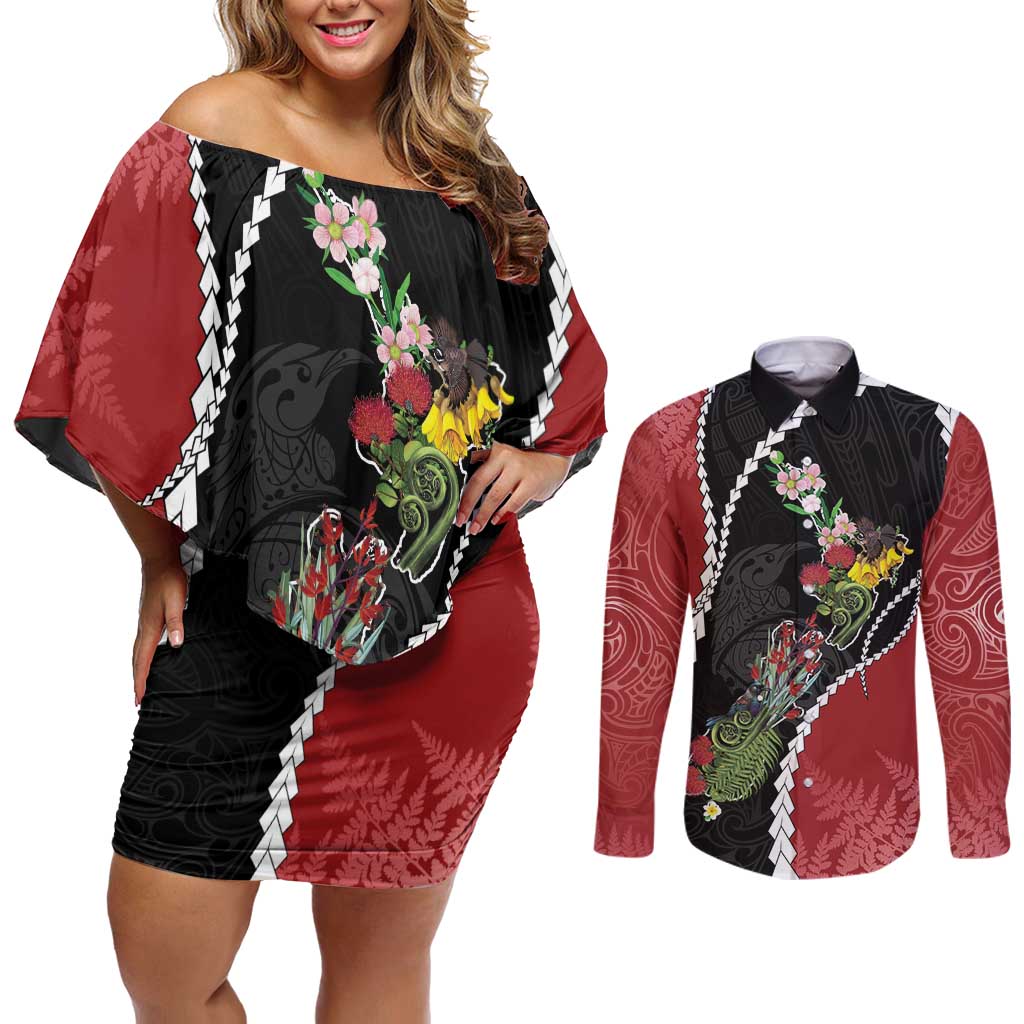 New Zealand Christmas Couples Matching Off Shoulder Short Dress and Long Sleeve Button Shirt Flora Map with Birds - Aussie Hoodie