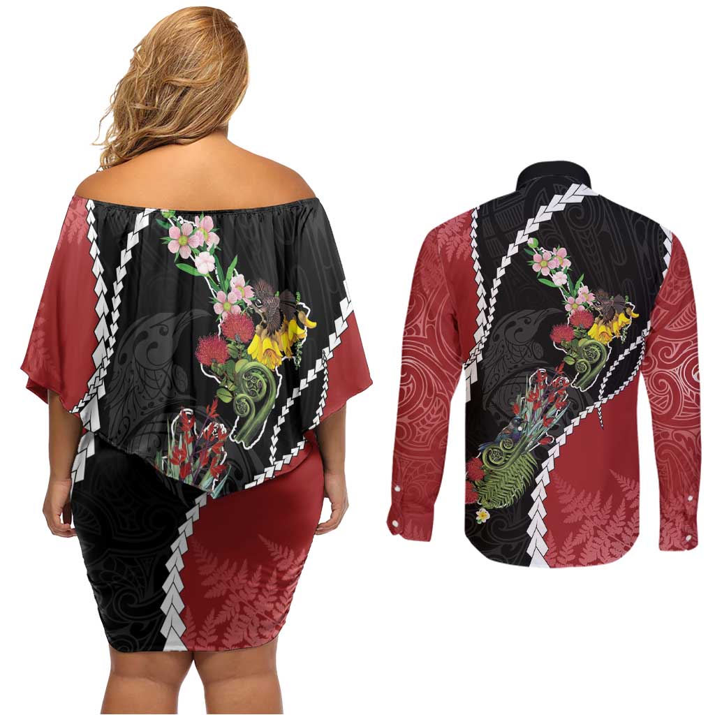 New Zealand Christmas Couples Matching Off Shoulder Short Dress and Long Sleeve Button Shirt Flora Map with Birds - Aussie Hoodie
