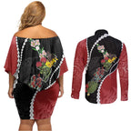 New Zealand Christmas Couples Matching Off Shoulder Short Dress and Long Sleeve Button Shirt Flora Map with Birds - Aussie Hoodie