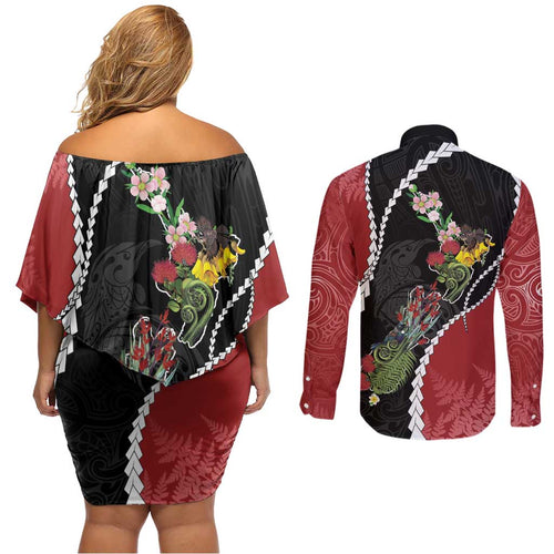 New Zealand Christmas Couples Matching Off Shoulder Short Dress and Long Sleeve Button Shirt Flora Map with Birds - Aussie Hoodie