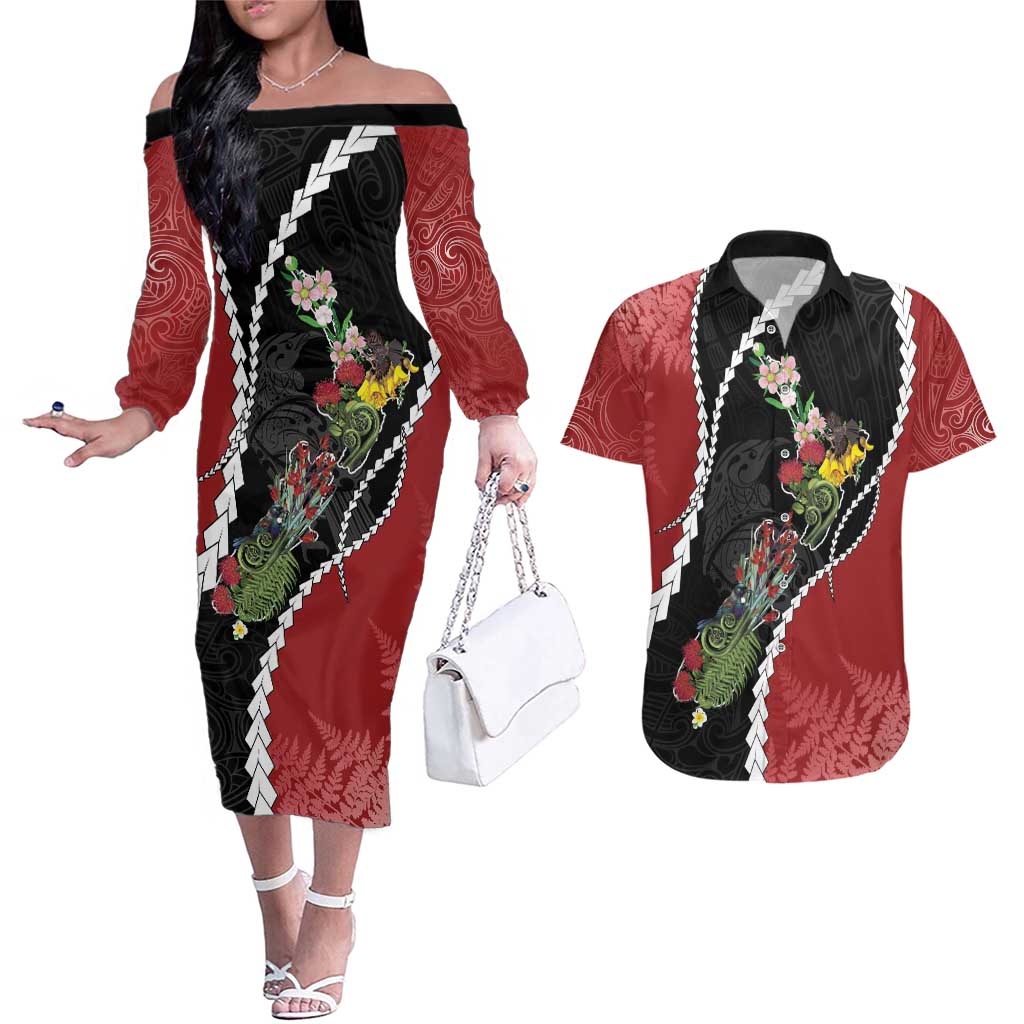 New Zealand Christmas Couples Matching Off The Shoulder Long Sleeve Dress and Hawaiian Shirt Flora Map with Birds - Aussie Hoodie