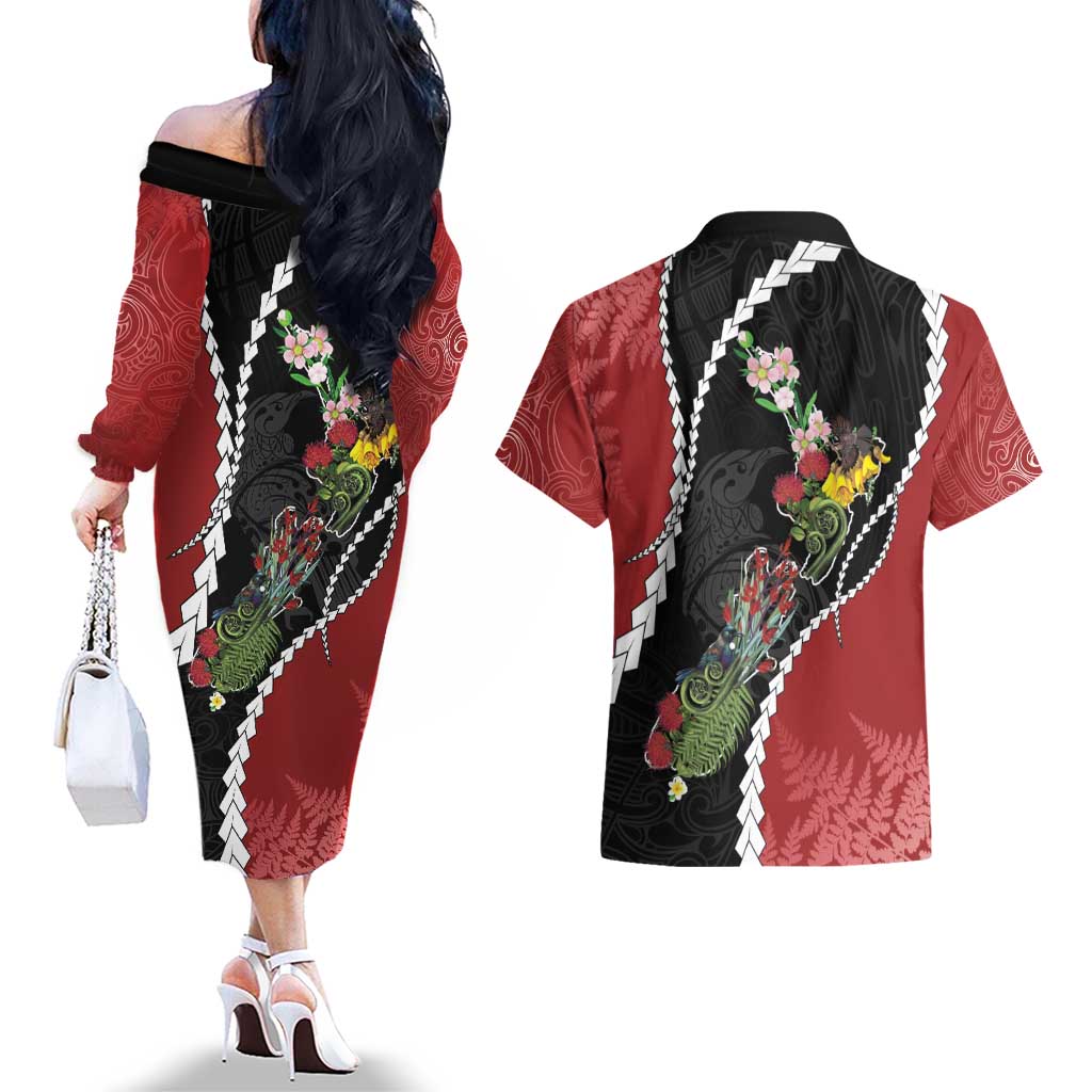 New Zealand Christmas Couples Matching Off The Shoulder Long Sleeve Dress and Hawaiian Shirt Flora Map with Birds - Aussie Hoodie