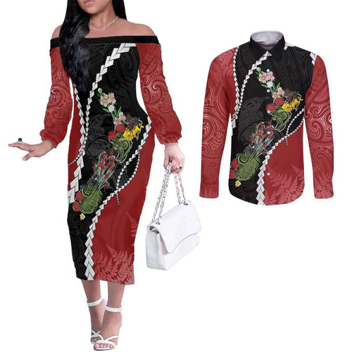 New Zealand Christmas Couples Matching Off The Shoulder Long Sleeve Dress and Long Sleeve Button Shirt Flora Map with Birds - Aussie Hoodie