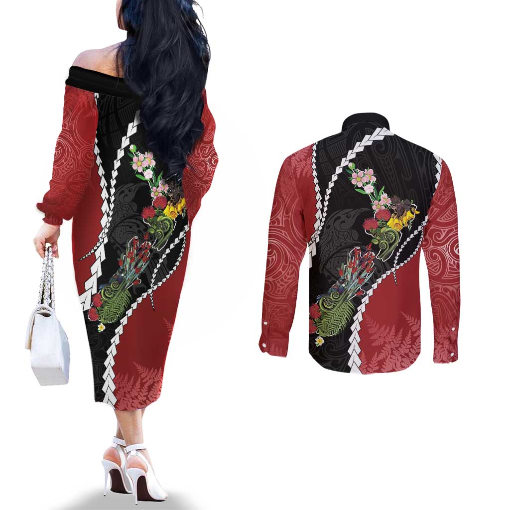 New Zealand Christmas Couples Matching Off The Shoulder Long Sleeve Dress and Long Sleeve Button Shirt Flora Map with Birds - Aussie Hoodie