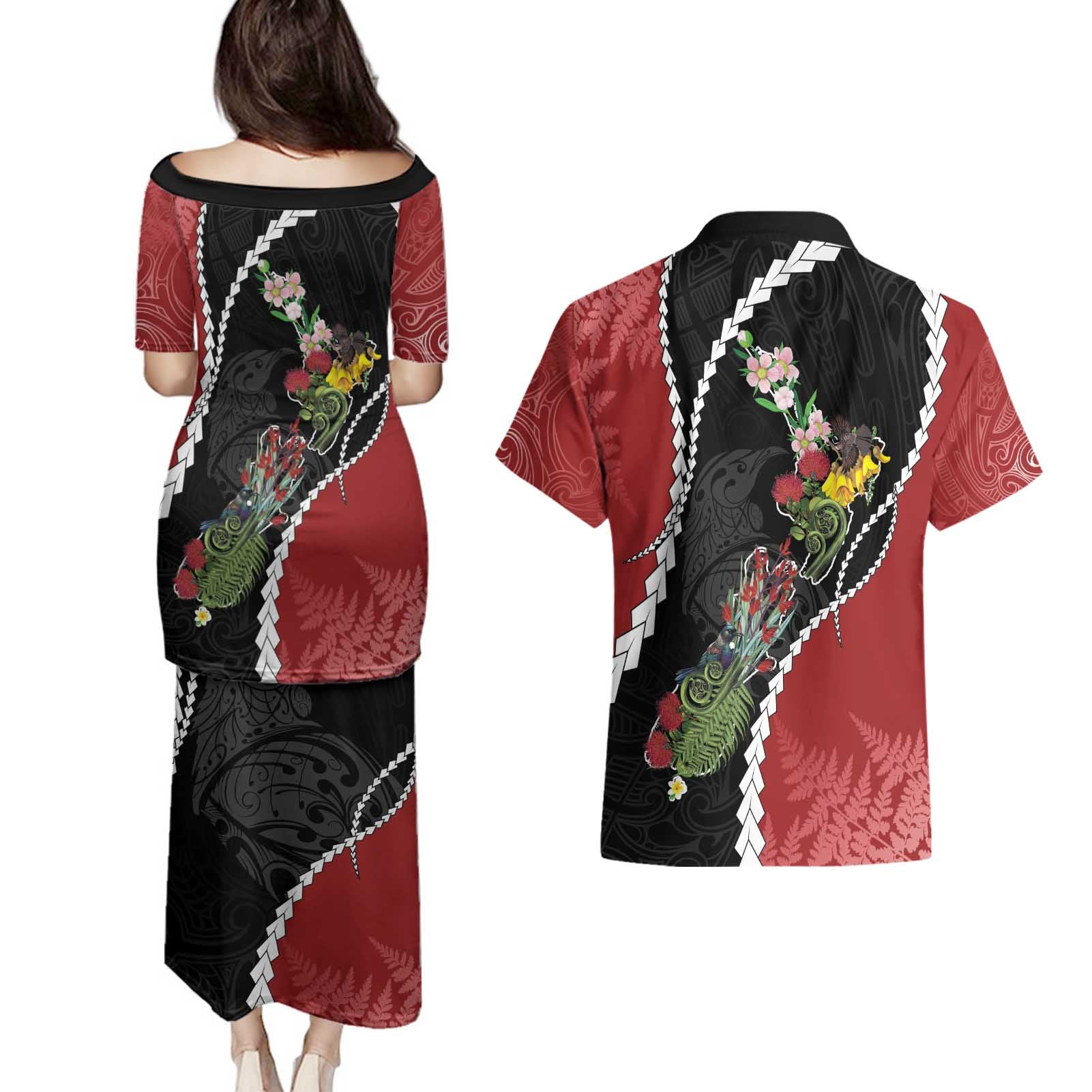 New Zealand Christmas Couples Matching Puletasi and Hawaiian Shirt Flora Map with Birds - Aussie Hoodie