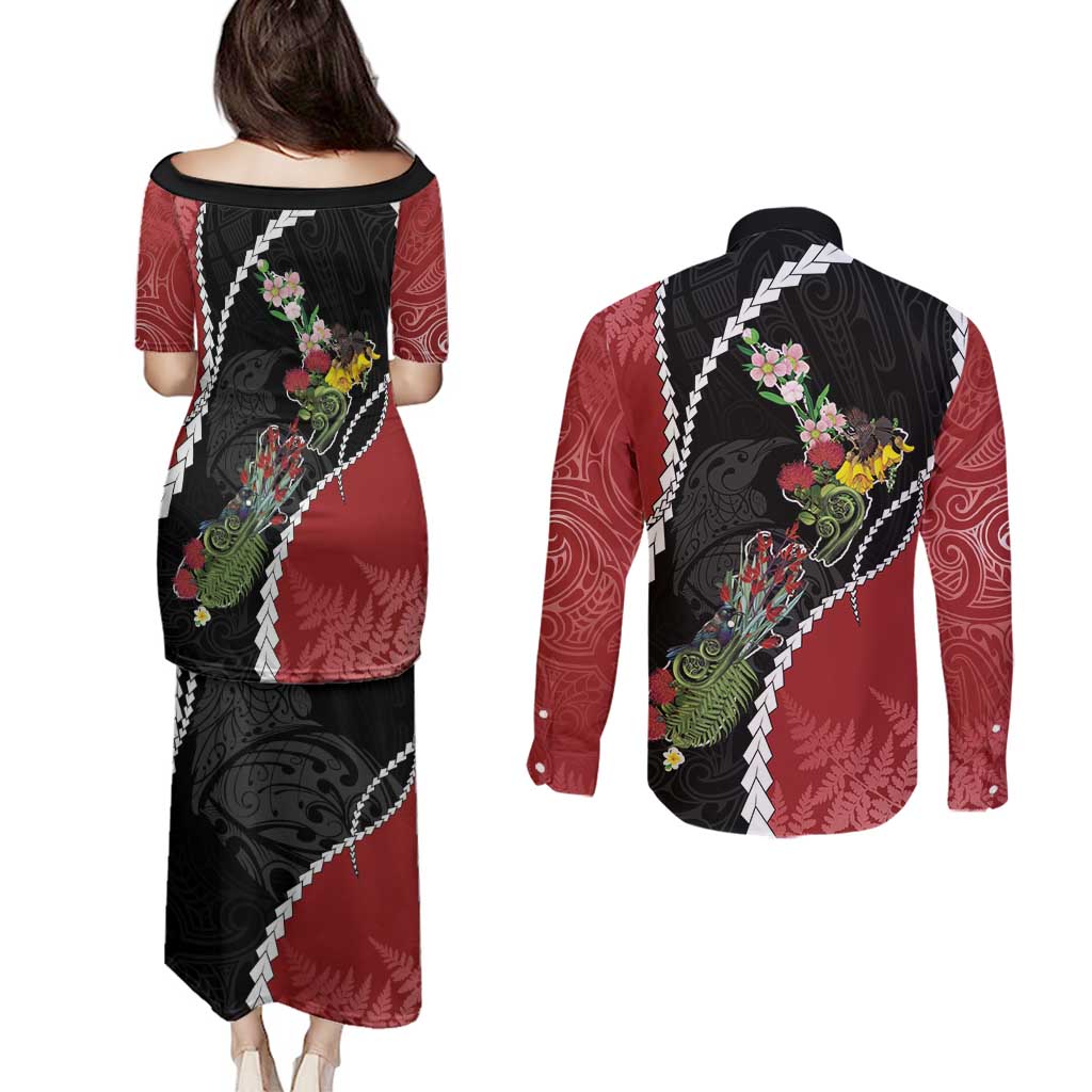 New Zealand Christmas Couples Matching Puletasi and Long Sleeve Button Shirt Flora Map with Birds - Aussie Hoodie