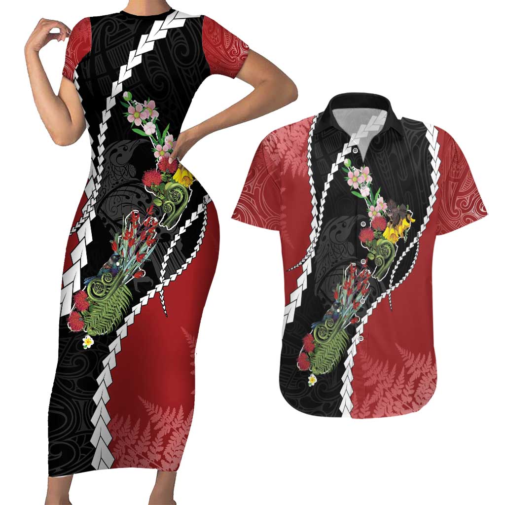 New Zealand Christmas Couples Matching Short Sleeve Bodycon Dress and Hawaiian Shirt Flora Map with Birds - Aussie Hoodie