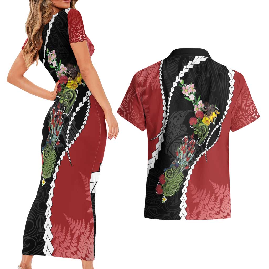 New Zealand Christmas Couples Matching Short Sleeve Bodycon Dress and Hawaiian Shirt Flora Map with Birds - Aussie Hoodie