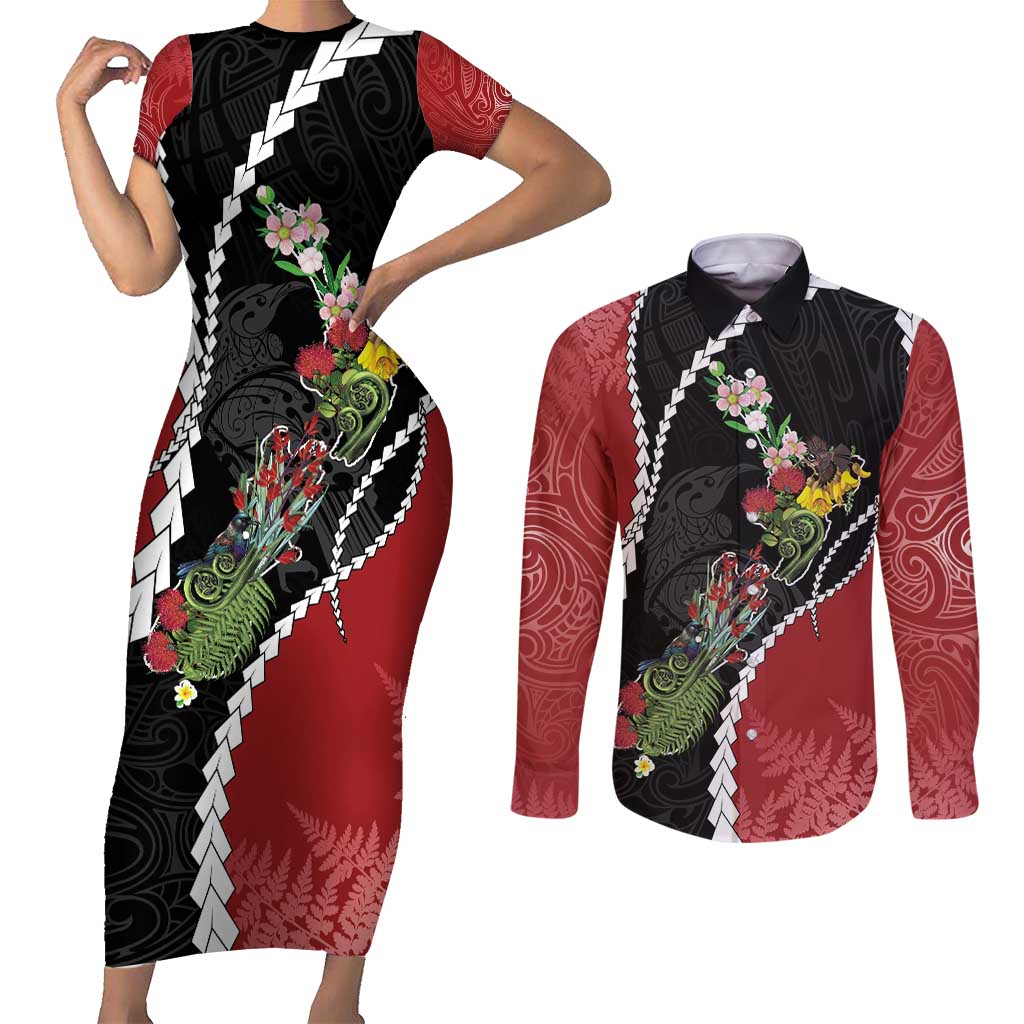 New Zealand Christmas Couples Matching Short Sleeve Bodycon Dress and Long Sleeve Button Shirt Flora Map with Birds - Aussie Hoodie