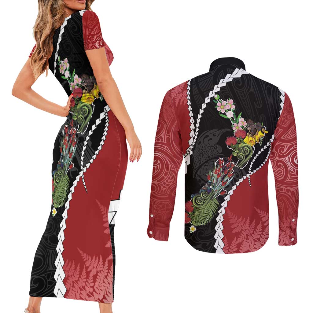 New Zealand Christmas Couples Matching Short Sleeve Bodycon Dress and Long Sleeve Button Shirt Flora Map with Birds - Aussie Hoodie