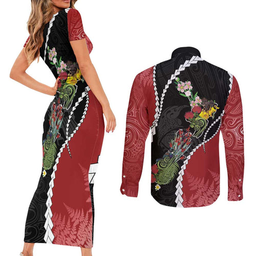 New Zealand Christmas Couples Matching Short Sleeve Bodycon Dress and Long Sleeve Button Shirt Flora Map with Birds - Aussie Hoodie