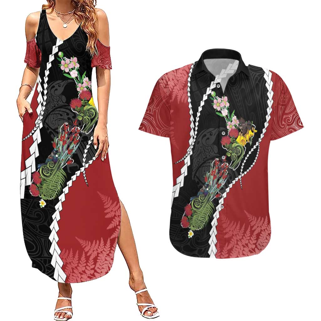New Zealand Christmas Couples Matching Summer Maxi Dress and Hawaiian Shirt Flora Map with Birds - Aussie Hoodie