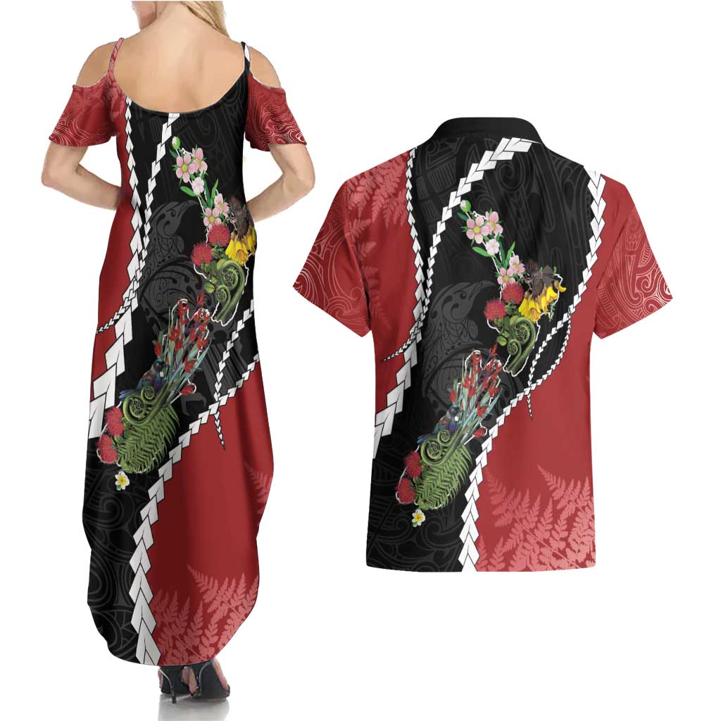 New Zealand Christmas Couples Matching Summer Maxi Dress and Hawaiian Shirt Flora Map with Birds - Aussie Hoodie