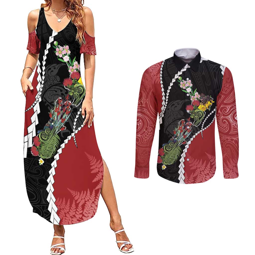 New Zealand Christmas Couples Matching Summer Maxi Dress and Long Sleeve Button Shirt Flora Map with Birds - Aussie Hoodie