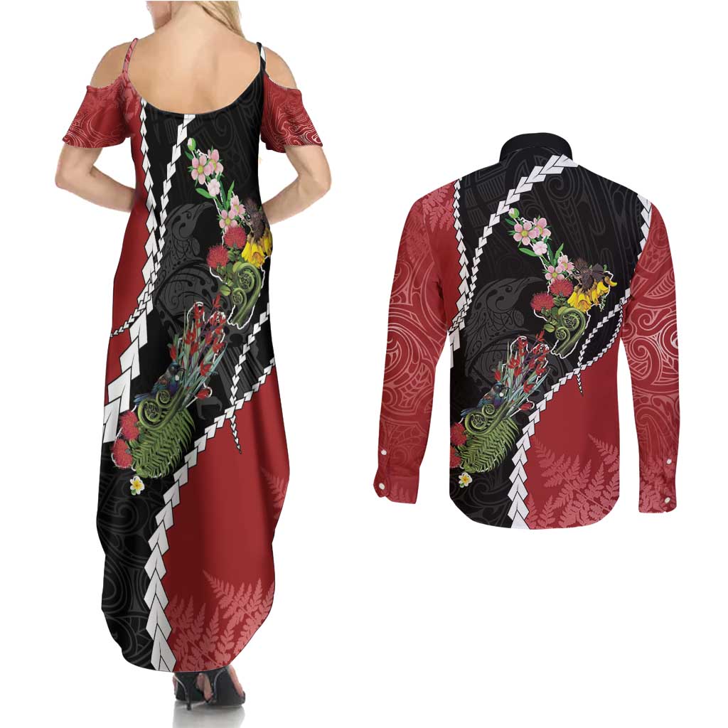 New Zealand Christmas Couples Matching Summer Maxi Dress and Long Sleeve Button Shirt Flora Map with Birds - Aussie Hoodie