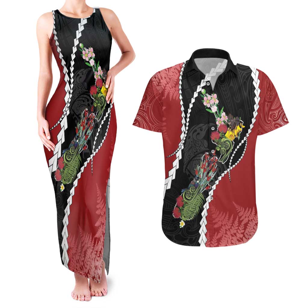 New Zealand Christmas Couples Matching Tank Maxi Dress and Hawaiian Shirt Flora Map with Birds - Aussie Hoodie