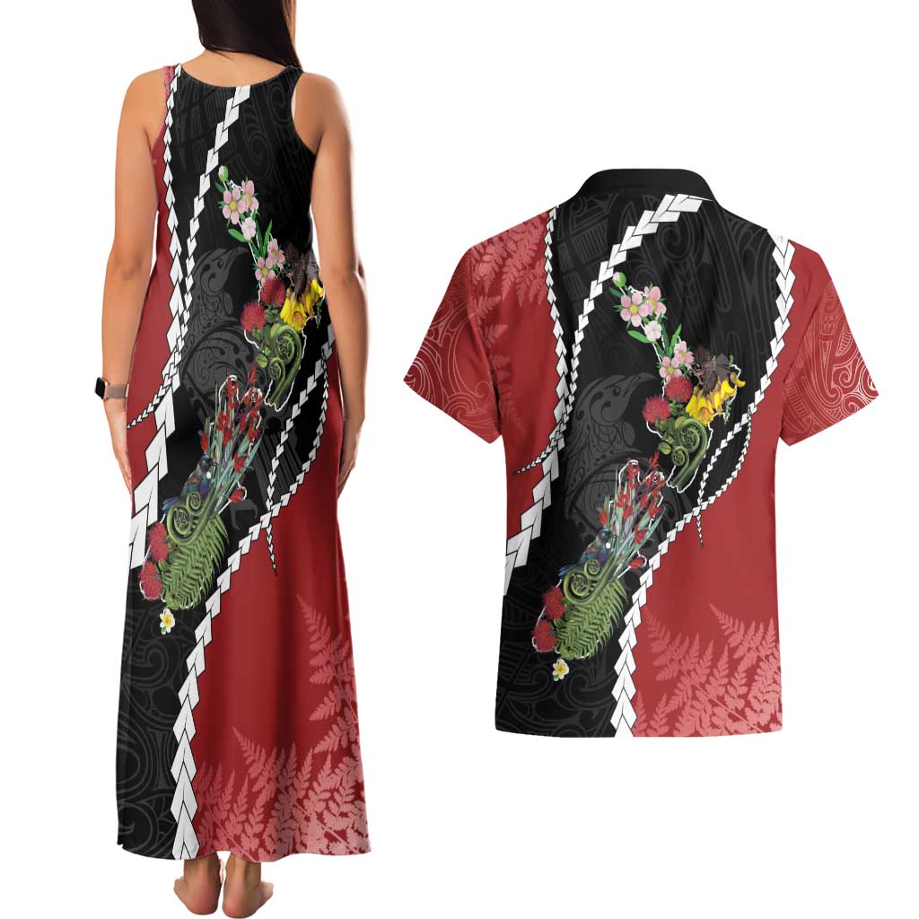 New Zealand Christmas Couples Matching Tank Maxi Dress and Hawaiian Shirt Flora Map with Birds - Aussie Hoodie